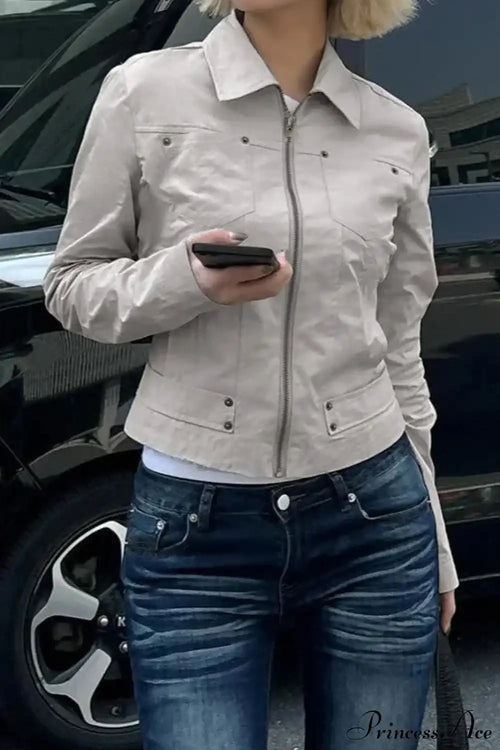 Casual Cargo Solid Lapel Zip Jacket image 1