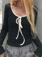 Casual Contrast Color Dot Printed Slim O-Neck Knit Top image 2