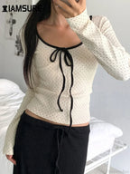 Casual Contrast Color Dot Printed Slim O-Neck Knit Top image 3