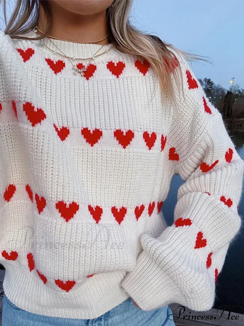 Casual Cozy Heart Print Loose O-neck Long Sleeve Stylish Warm Sweater image 2