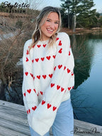 Casual Cozy Heart Print Loose O-neck Long Sleeve Stylish Warm Sweater image 1
