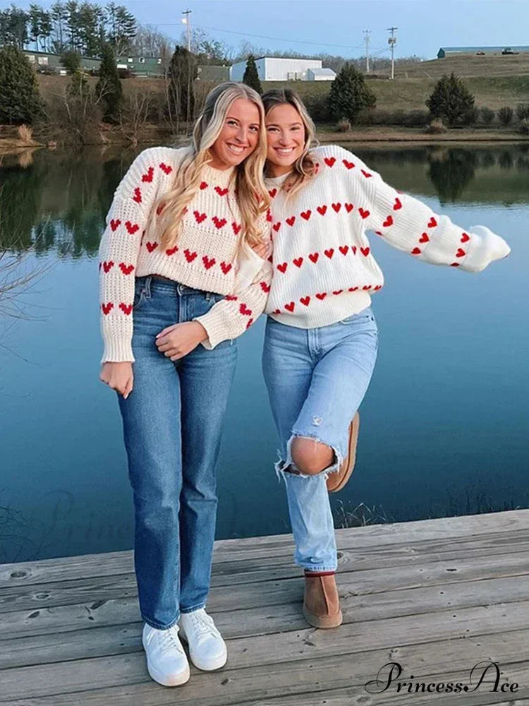 Casual Cozy Heart Print Loose O-neck Long Sleeve Stylish Warm Sweater image 3