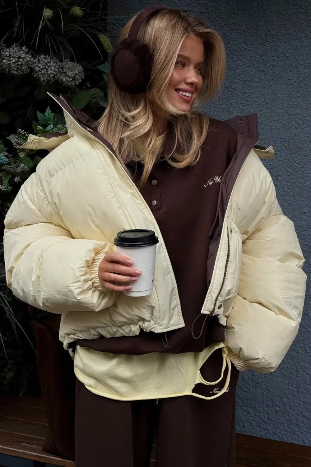 Casual Cropped Color Block Cotton Coat image 2