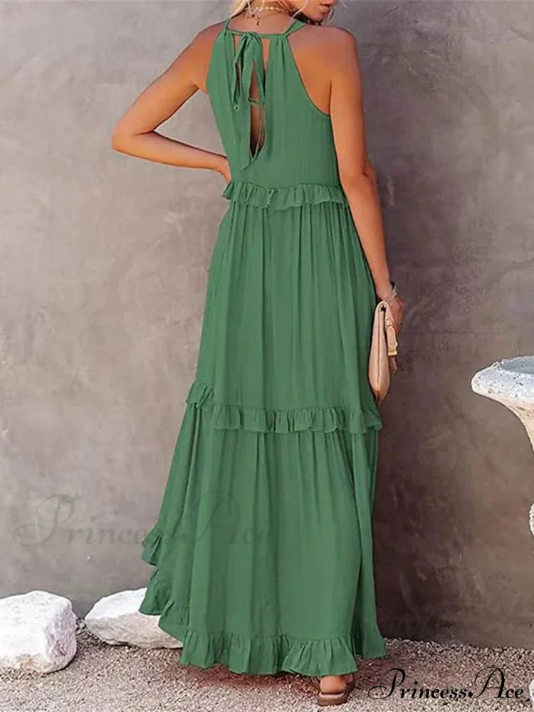 Casual Elegant Ruffle Halter Sleeveless Classic Female Party Outfits Beach Maxi Dress image 2