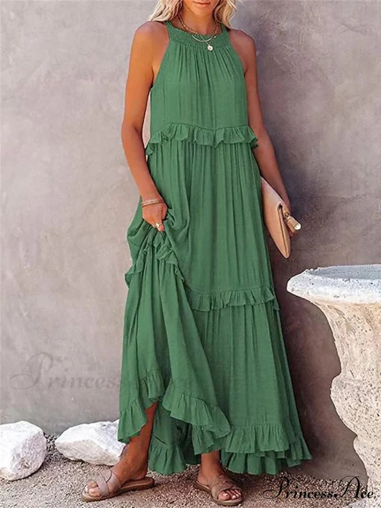 Casual Elegant Ruffle Halter Sleeveless Classic Female Party Outfits Beach Maxi Dress image 1