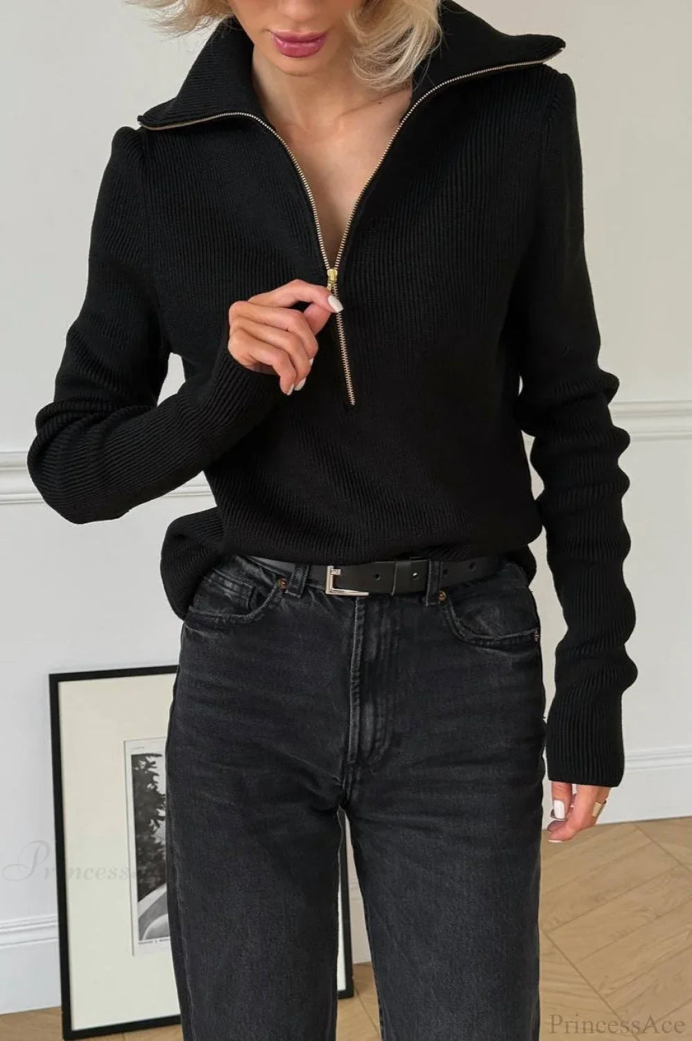 Casual Half-Zip Fitted Knit Long Sleeve Tee image 7
