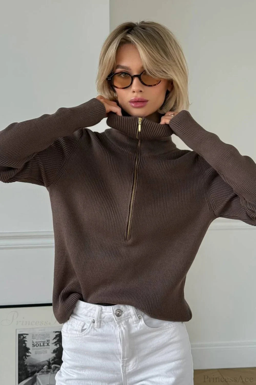 Casual Half-Zip Fitted Knit Long Sleeve Tee image 1
