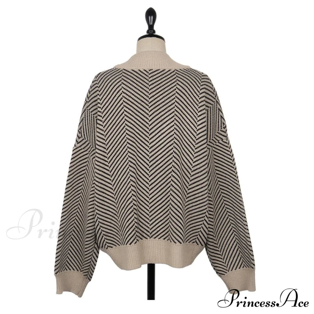 Casual Knitted Cardigan Oversize Button Front Contrast Stripe Cardigan image 5