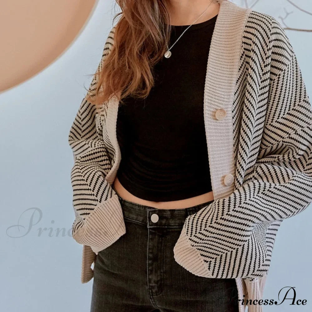 Casual Knitted Cardigan Oversize Button Front Contrast Stripe Cardigan image 1