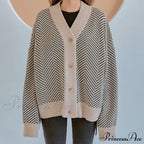 Casual Knitted Cardigan Oversize Button Front Contrast Stripe Cardigan image 3