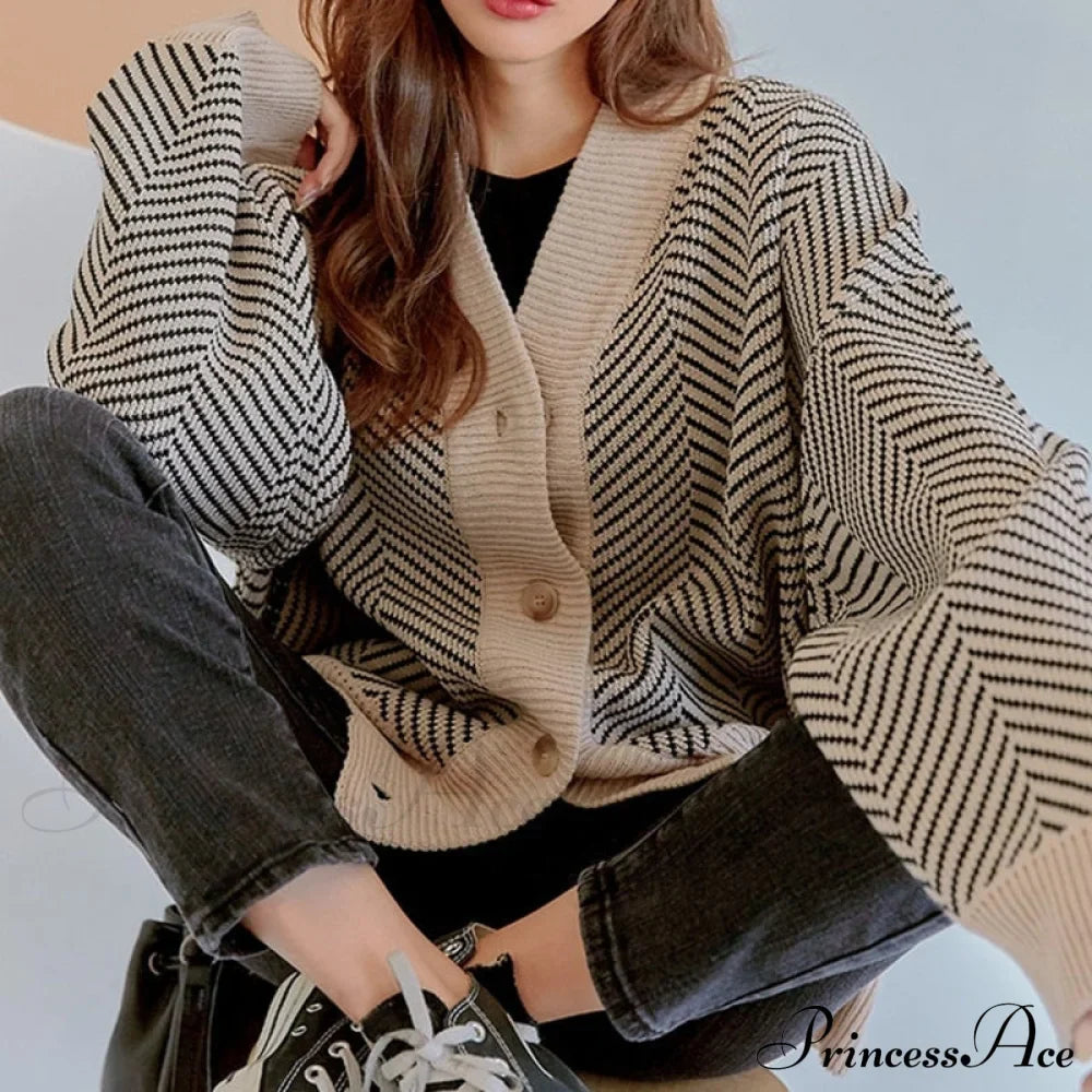 Casual Knitted Cardigan Oversize Button Front Contrast Stripe Cardigan image 2