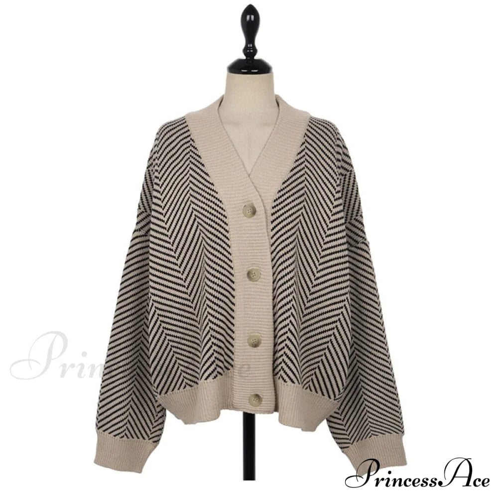 Casual Knitted Cardigan Oversize Button Front Contrast Stripe Cardigan image 9