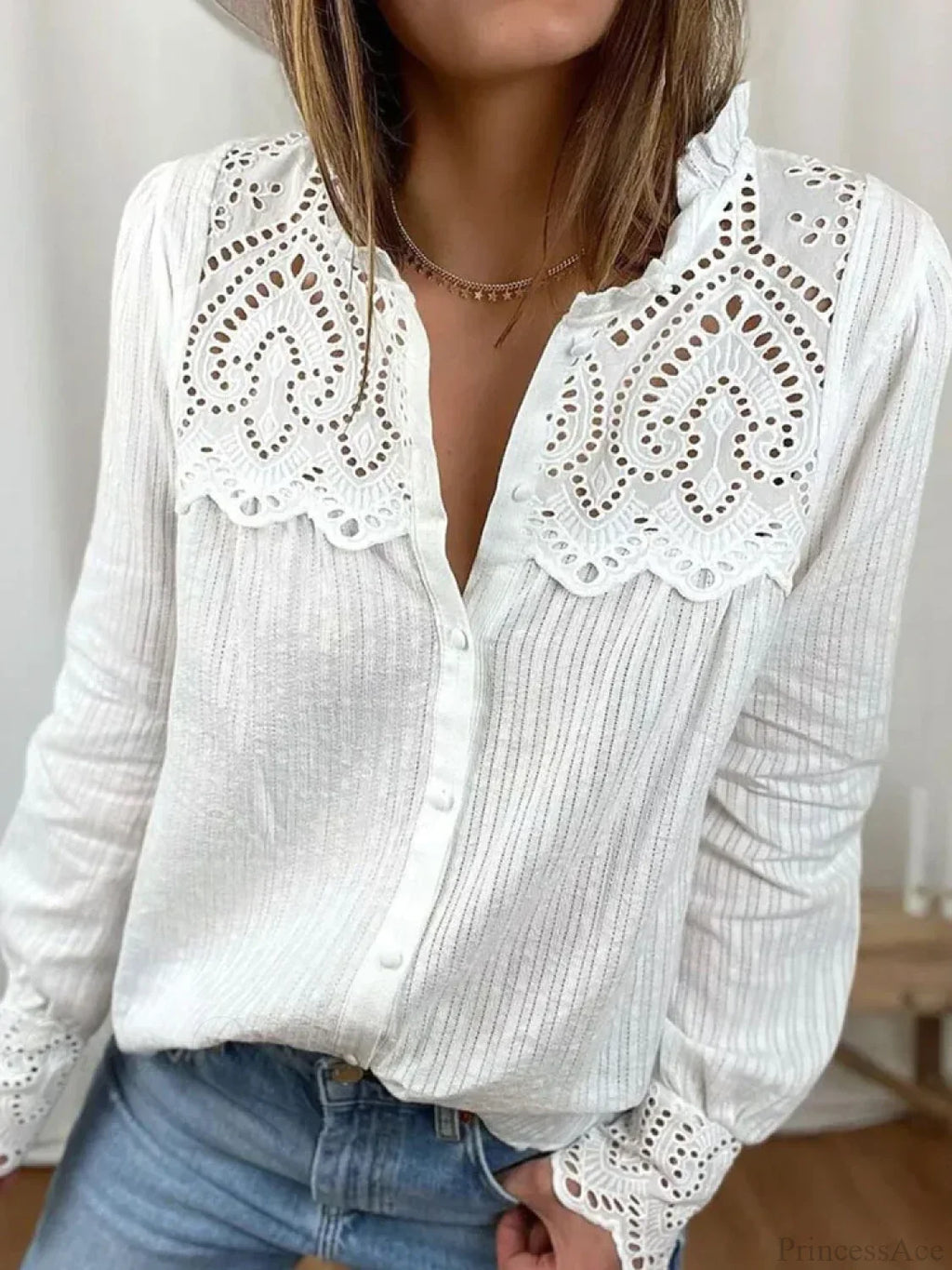 Casual Lace O-neck Loose Blouse image 1