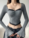 Casual Lace Trim Cropped Slim Square Collar Knit Top image 1