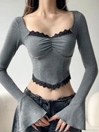 Casual Lace Trim Cropped Slim Square Collar Knit Top image 1
