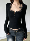 Casual Lace Trim Halter Slim Solid Square Collar Knit Top image 2