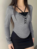 Casual Lace Trim Patchwork Fake 2 Piece Slim V-Neck Knit Top image 1