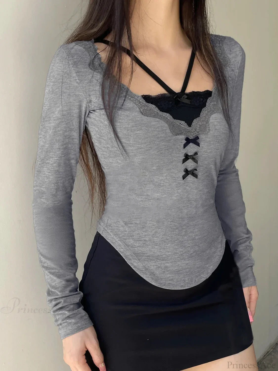 Casual Lace Trim Patchwork Fake 2 Piece Slim V-Neck Knit Top image 1