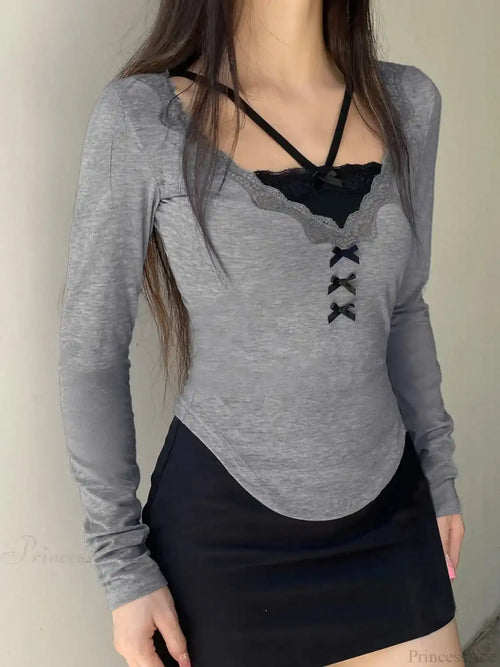 Casual Lace Trim Patchwork Fake 2 Piece Slim V-Neck Knit Top image 1