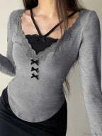 Casual Lace Trim Patchwork Fake 2 Piece Slim V-Neck Knit Top image 2