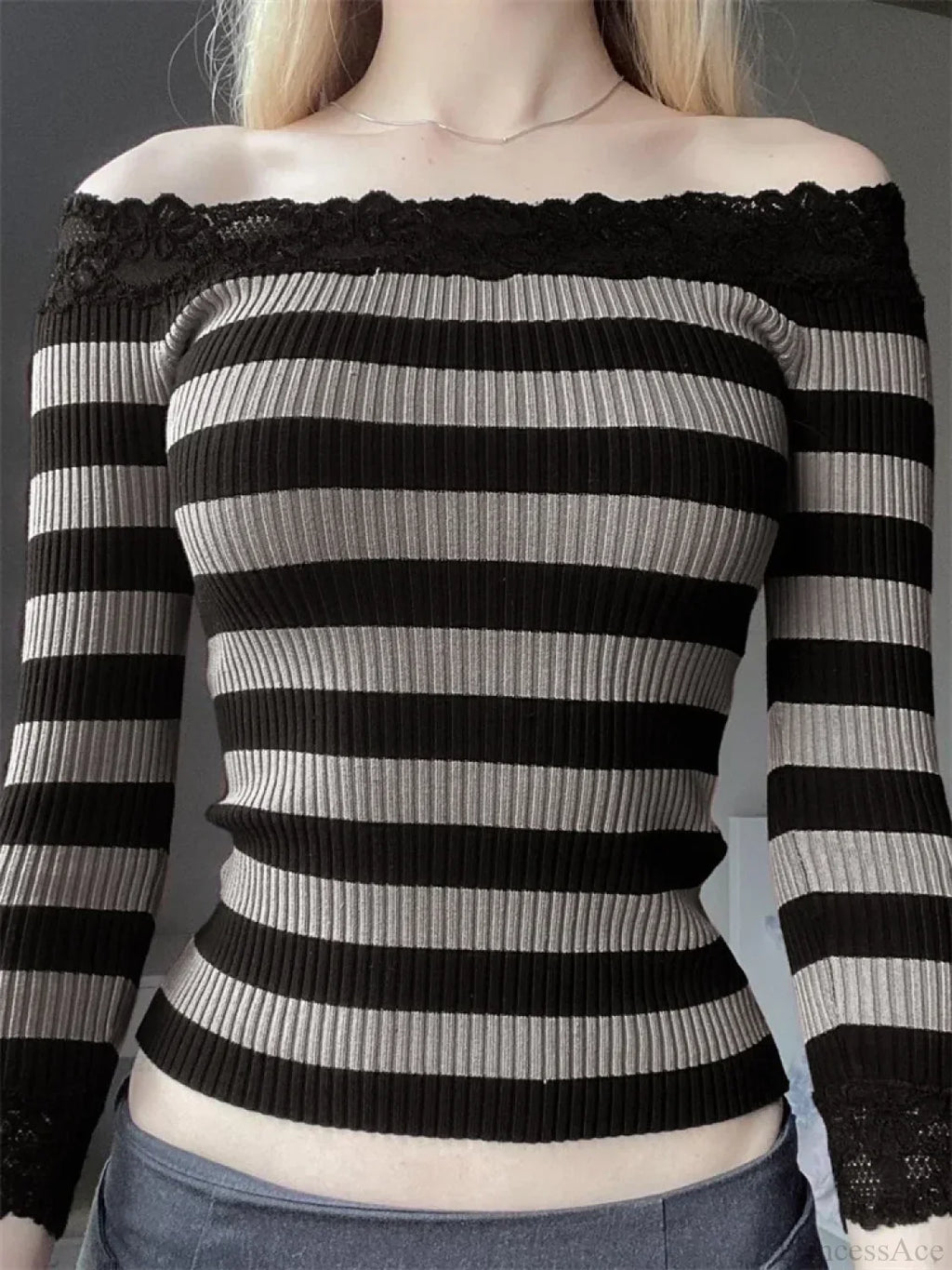 Casual Long Sleeve Retro Striped Off-Shoulder Knit Top image 1