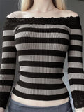 Casual Long Sleeve Retro Striped Off-Shoulder Knit Top image 1