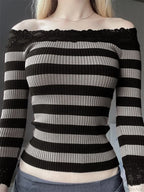 Casual Long Sleeve Retro Striped Off-Shoulder Knit Top image 1