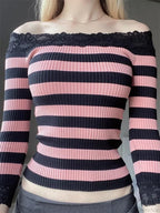 Casual Long Sleeve Retro Striped Off-Shoulder Knit Top image 6