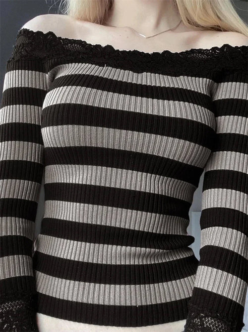 Casual Long Sleeve Retro Striped Off-Shoulder Knit Top image 2