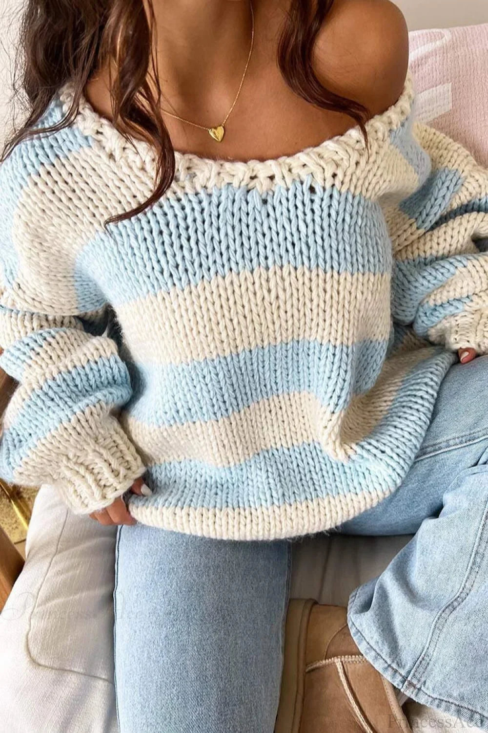 Casual Loose Off-Shoulder Striped Sweet Sweater image 7