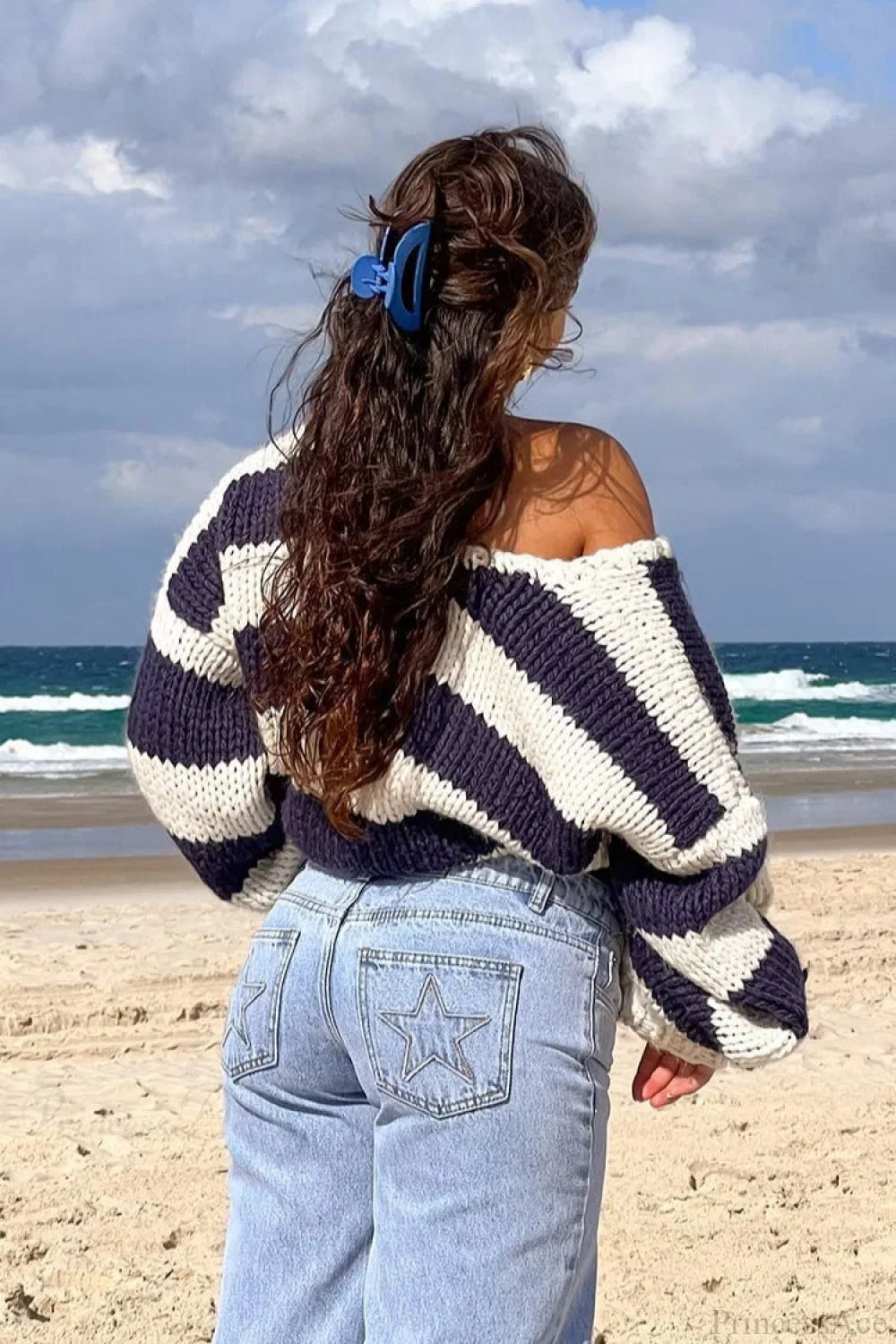 Casual Loose Off-Shoulder Striped Sweet Sweater image 3