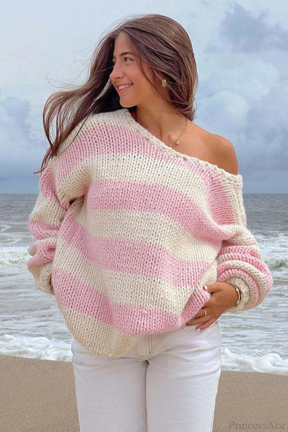 Casual Loose Off-Shoulder Striped Sweet Sweater image 10