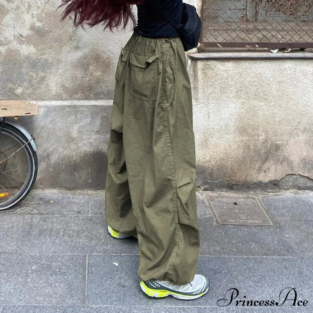 Casual Low Waist Ruched Trim Classic Baggy Cargo Pants - Brown image 3
