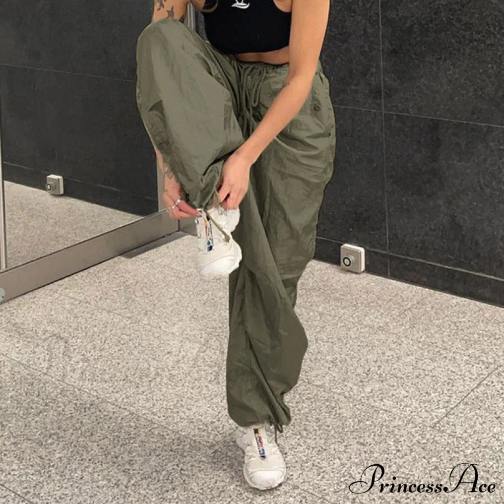 Casual Low Waist Ruched Trim Classic Baggy Cargo Pants - Brown image 2