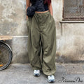 Casual Low Waist Ruched Trim Classic Baggy Cargo Pants - Brown image 1