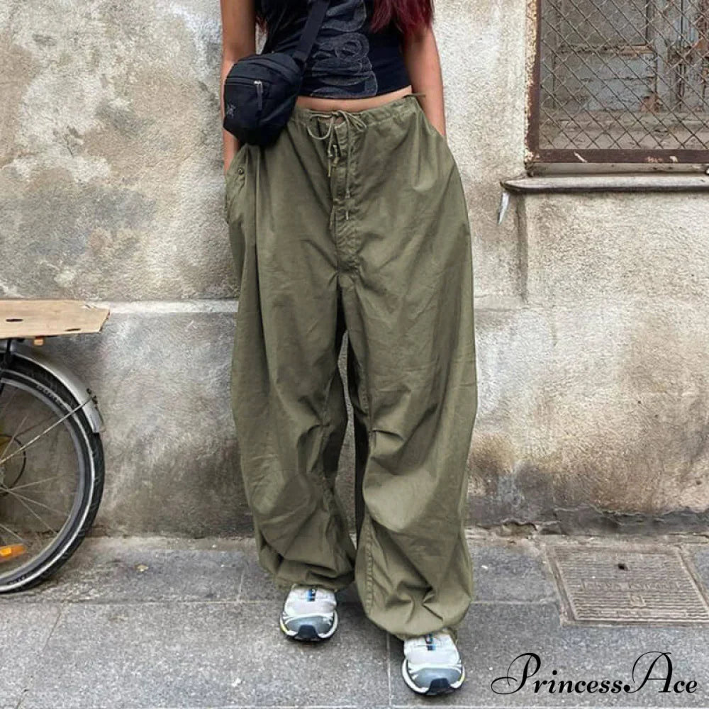 Casual Low Waist Ruched Trim Classic Baggy Cargo Pants - Brown image 1