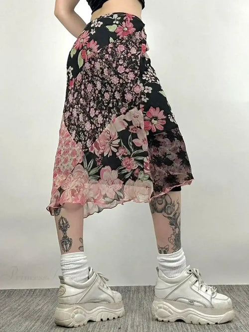Casual Patchwork Floral Straight Slim Mid-Waisted Maxi Skirt Streetwear image 2
