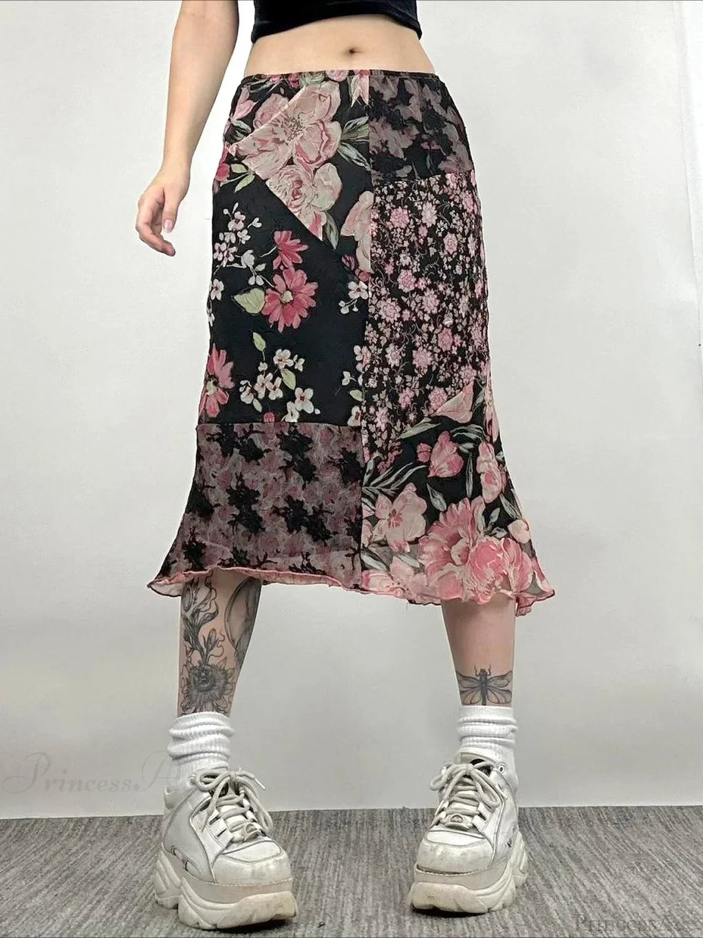 Casual Patchwork Floral Straight Slim Mid-Waisted Maxi Skirt Streetwear image 1