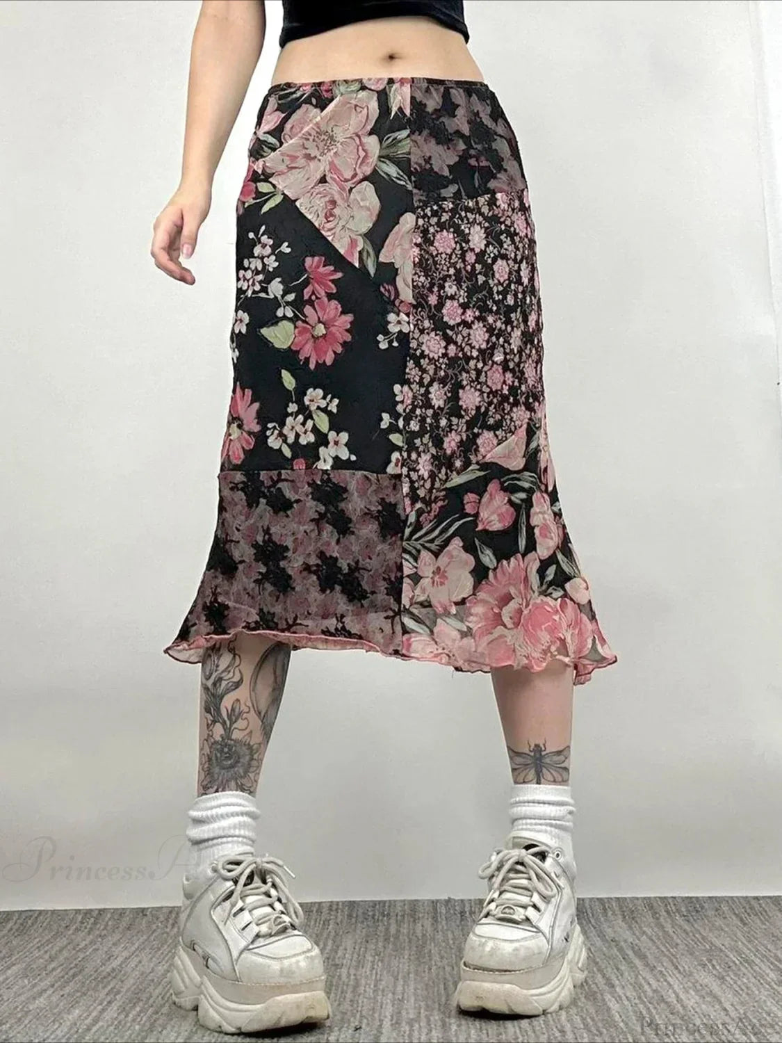 Casual Patchwork Floral Straight Slim Mid-Waisted Maxi Skirt Streetwear image 1