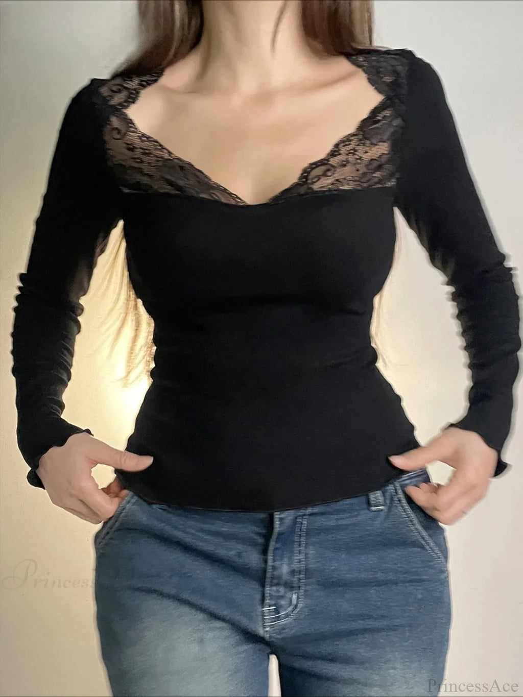 Casual Patchwork Lace Slim V-Neck Long Sleeve Knit Top image 1