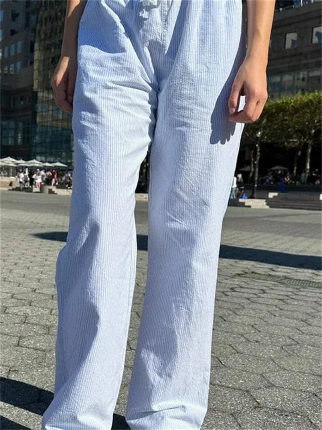 Casual Pinstripe Drawstring Loose Straight Street Pants image 1