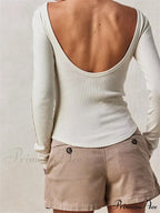 Casual Ribbed Long Sleeve Solid Slim Fit Backless T-Shirts image 2