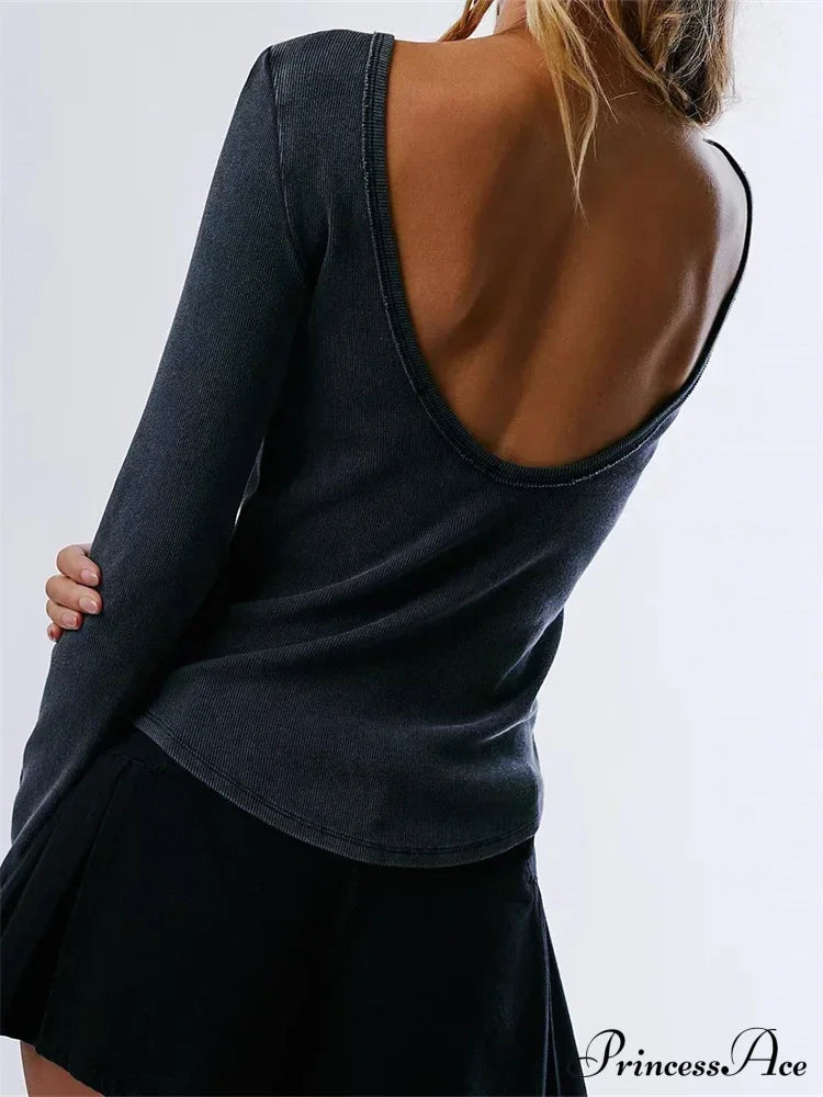 Casual Ribbed Long Sleeve Solid Slim Fit Backless T-Shirts image 4