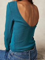 Casual Ribbed Long Sleeve Solid Slim Fit Backless T-Shirts image 6