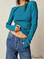 Casual Ribbed Long Sleeve Solid Slim Fit Backless T-Shirts image 8