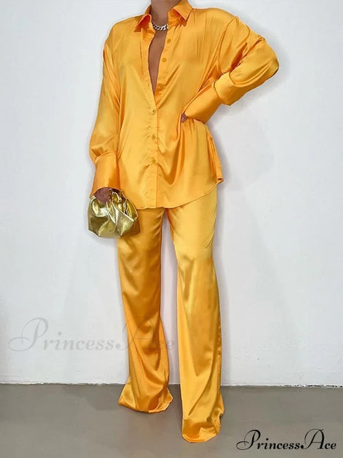 Casual - Set Elegant Women's Long and with Outfit Wide Solid Two Piece Arm Blouse Leg Loose Satin Pants image 1