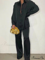 Casual - Set Elegant Women's Long and with Outfit Wide Solid Two Piece Arm Blouse Leg Loose Satin Pants image 21