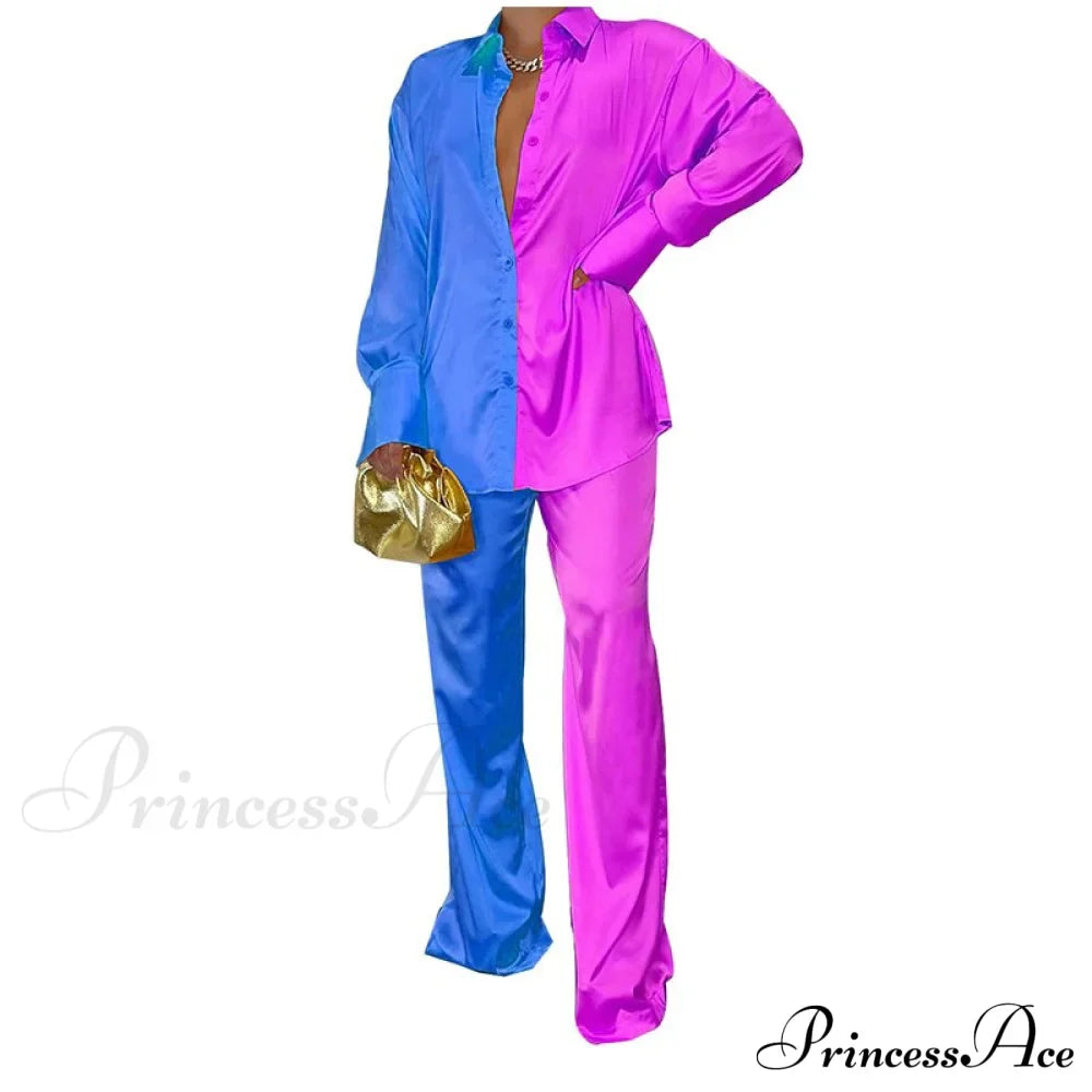 Casual - Set Elegant Women's Long and with Outfit Wide Solid Two Piece Arm Blouse Leg Loose Satin Pants image 10