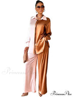 Casual - Set Elegant Women's Long and with Outfit Wide Solid Two Piece Arm Blouse Leg Loose Satin Pants image 14
