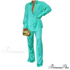 Casual - Set Elegant Women's Long and with Outfit Wide Solid Two Piece Arm Blouse Leg Loose Satin Pants image 18